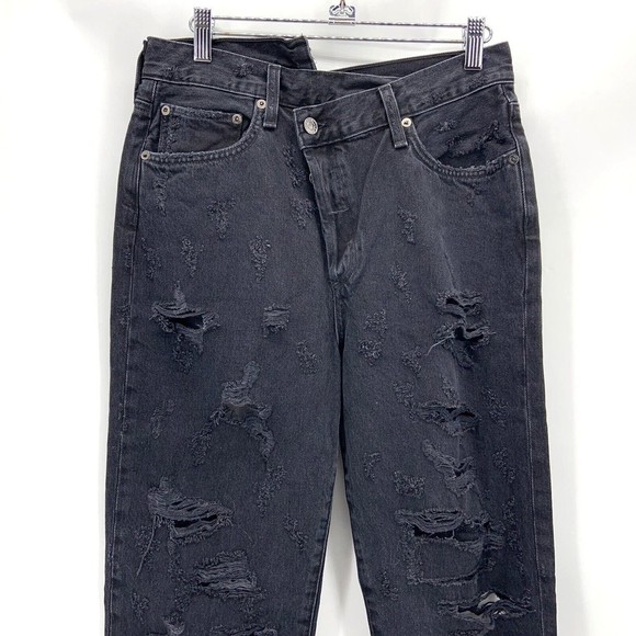 Agolde Womens 28 Criss Cross Jeans Straight Destroyed Black Raw Hem Rigid Button - Picture 3 of 12